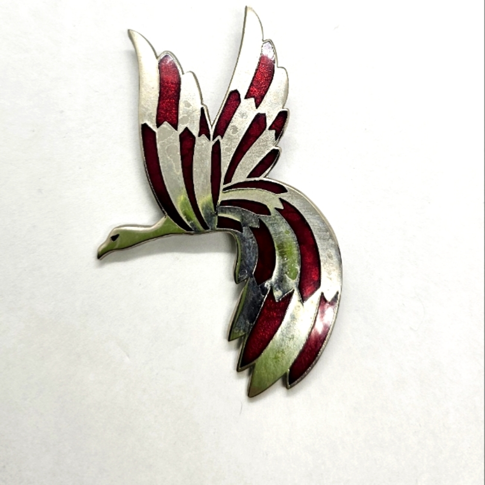 Rivest Flying Bird Vintage Red and silver Brooch